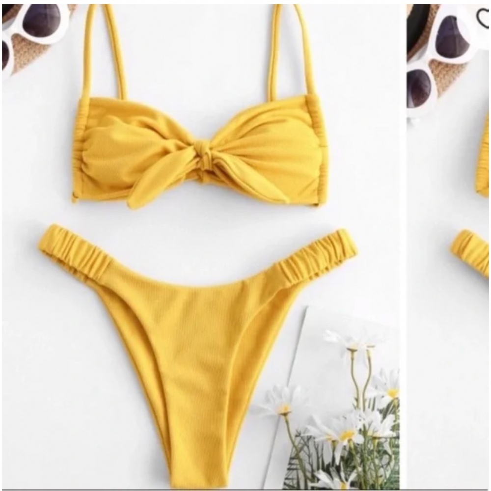 🪞 NWT SET tie front high leg women’s bikini two piece set in canary yellow
